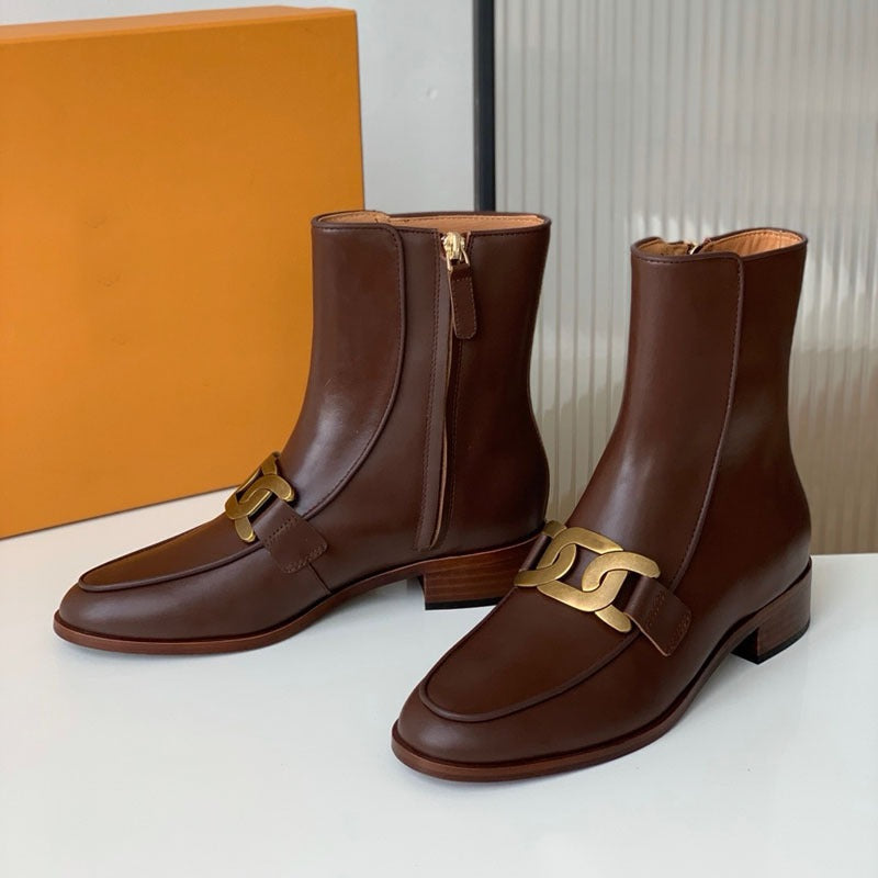 Metal Buckle Low Heel Genuine Leather Chelsea Boots Winer Dress Shoes Women's Short Boots