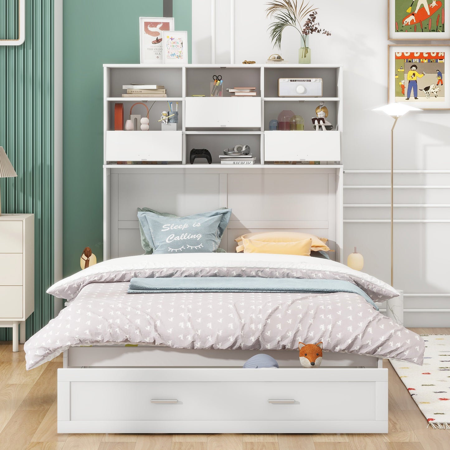 ueen Size Murphy Bed with Bookcase, Bedside Shelves and a Big Drawer, White