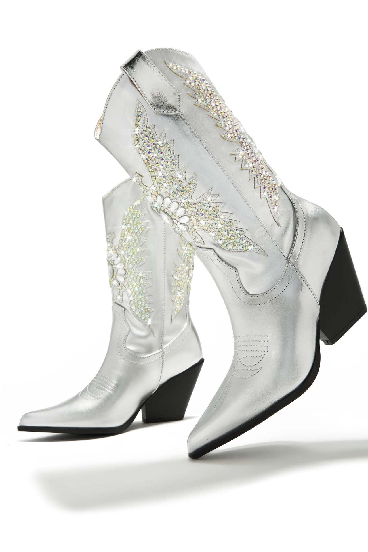 Women Rhinestone Embellished Ankle Boots Pointed Toe Wedge Heels Cowboy Boots Female Bling Party Shoes