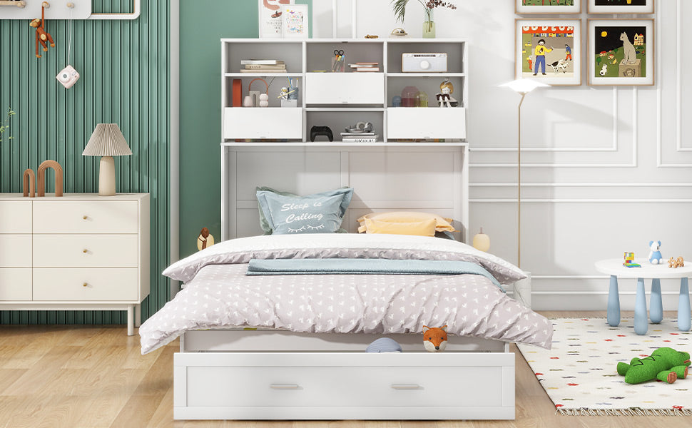 ueen Size Murphy Bed with Bookcase, Bedside Shelves and a Big Drawer, White