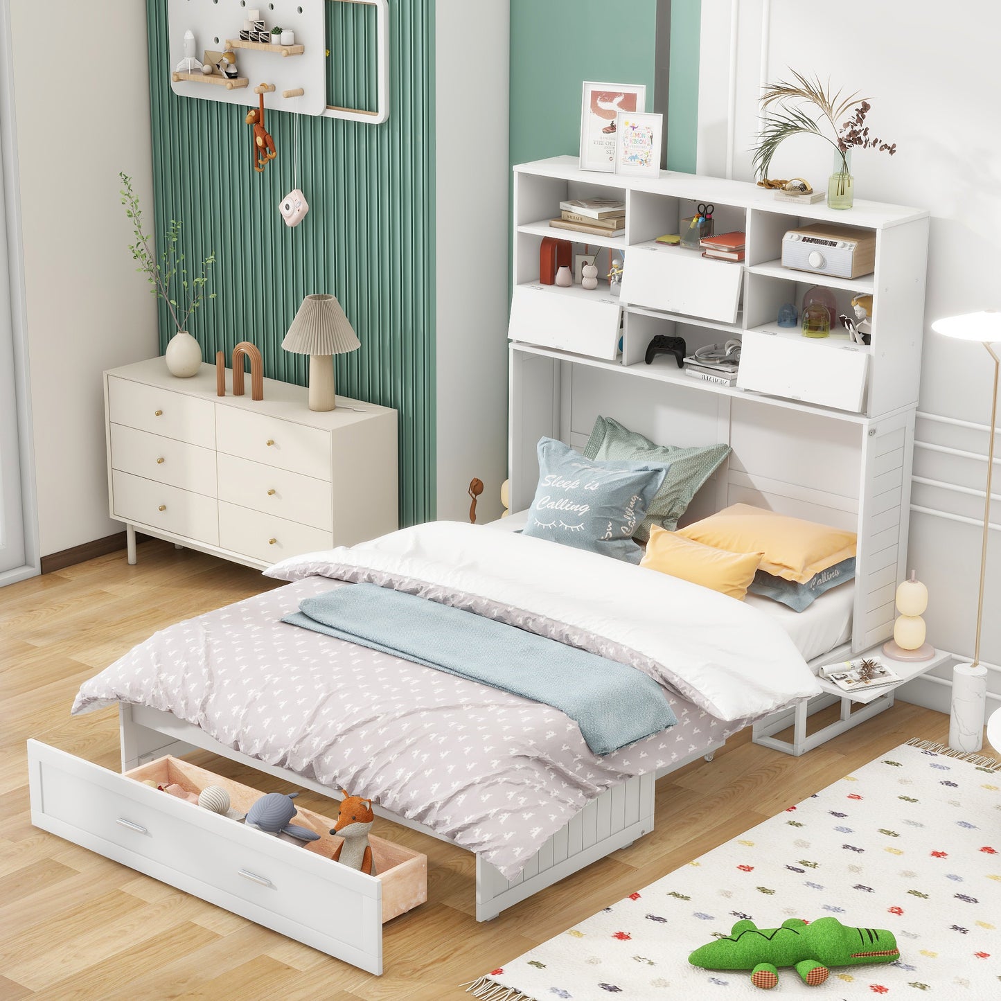 ueen Size Murphy Bed with Bookcase, Bedside Shelves and a Big Drawer, White