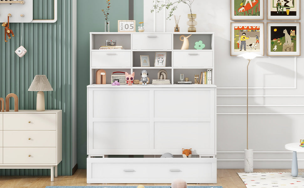 ueen Size Murphy Bed with Bookcase, Bedside Shelves and a Big Drawer, White