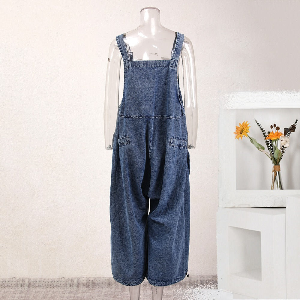 Large three-dimensional pocket silhouette denim shoulder strap pants for women's work clothes jumpsuit