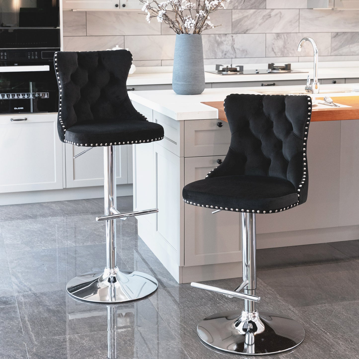 25-33 Inch, Modern Upholstered Chrome base Bar Stools with Back Comfortable Tufted for Home Pub and Kitchen Island（Black,Set of