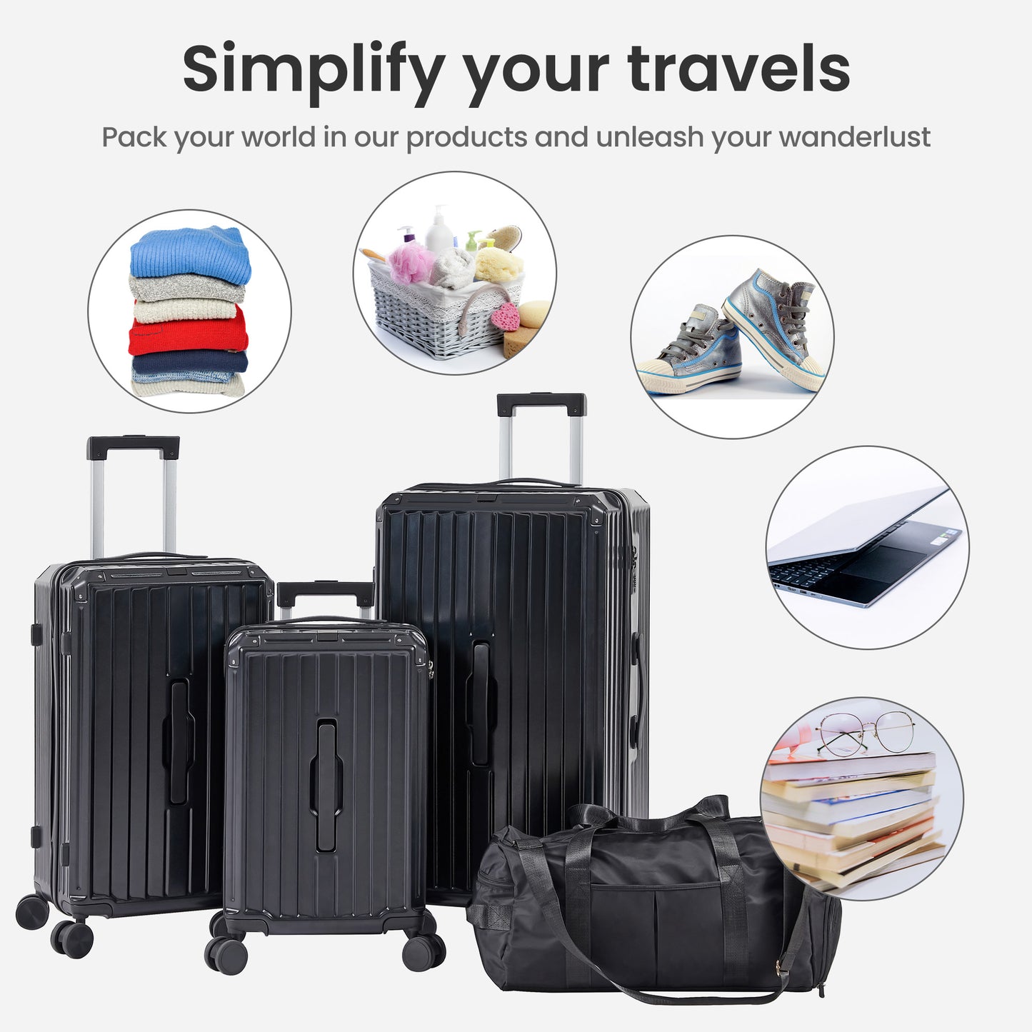 Luggage Set 4 pcs (20"/24"/29"/Travel Bag), PC+ABS Durable Lightweight Luggage with Collapsible Cup Holder TSA Lock, Black