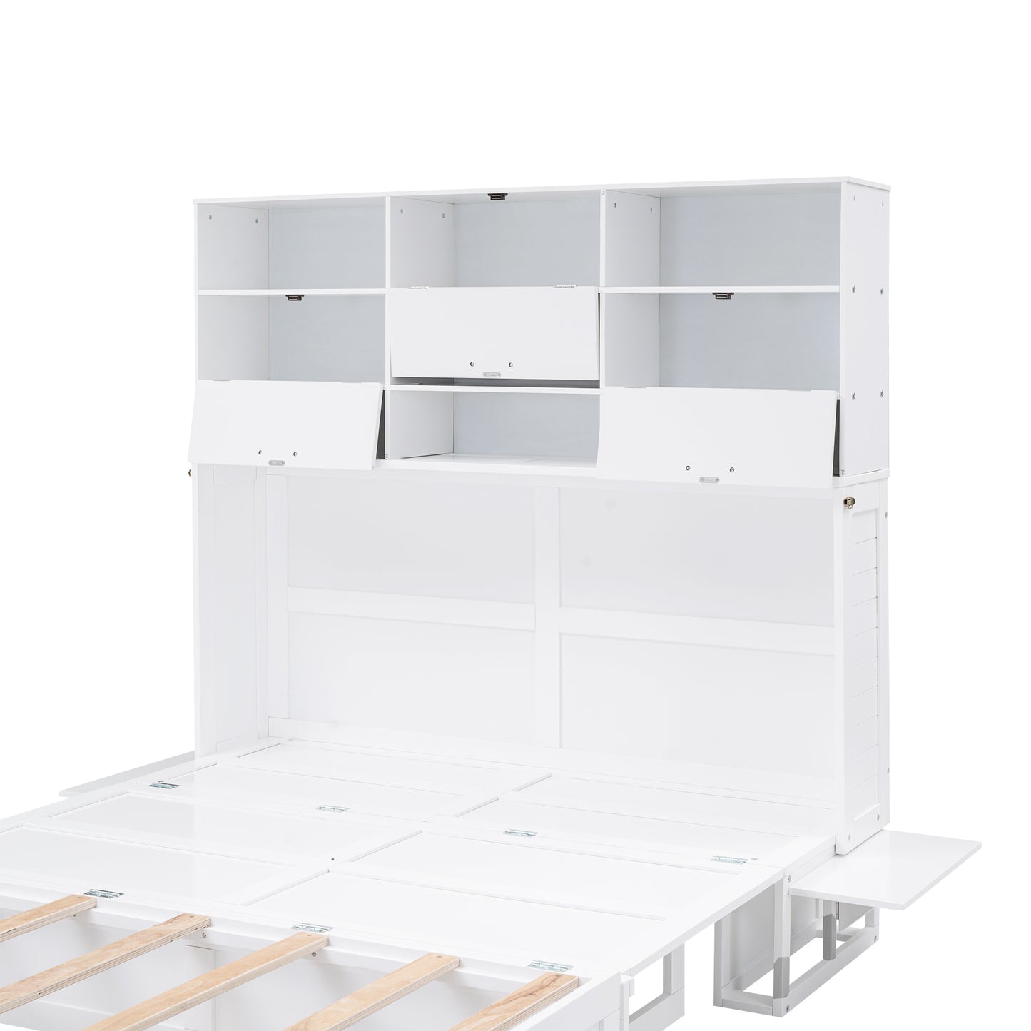 ueen Size Murphy Bed with Bookcase, Bedside Shelves and a Big Drawer, White