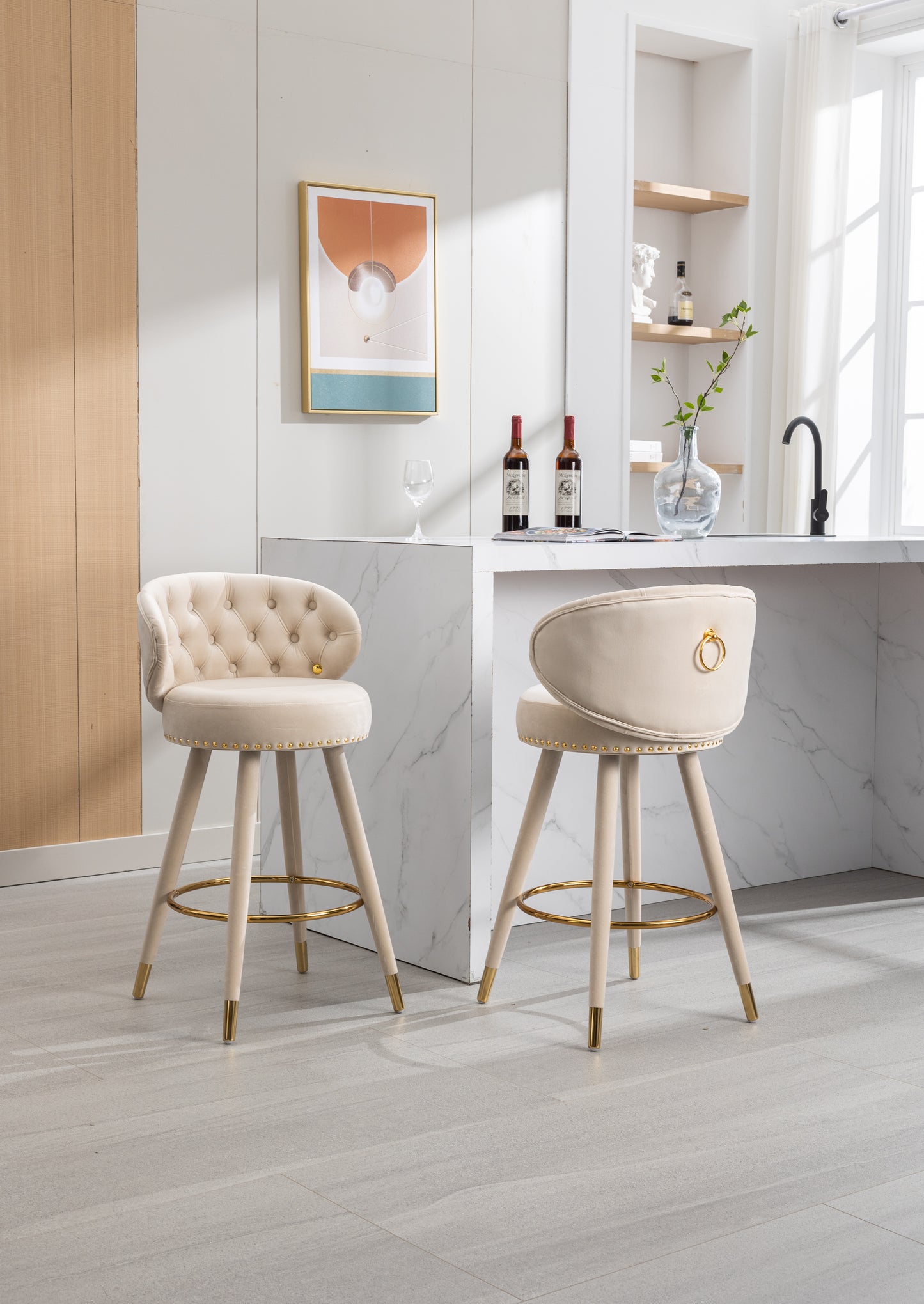 COOLMORE Counter Height Bar Stools Set of 2 for Kitchen Counter Solid Wood Legs with a fixed height of 360 degrees Beige