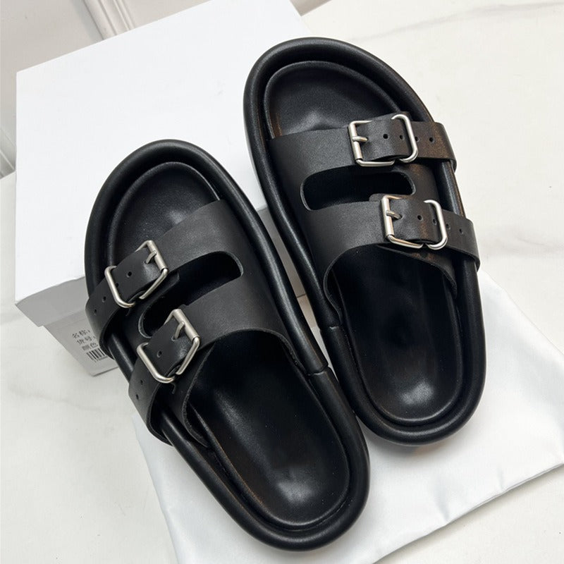 Summer casual soft sole comfortable slippers thick sole solid leather double breasted open toe outdoor versatile flat shoes