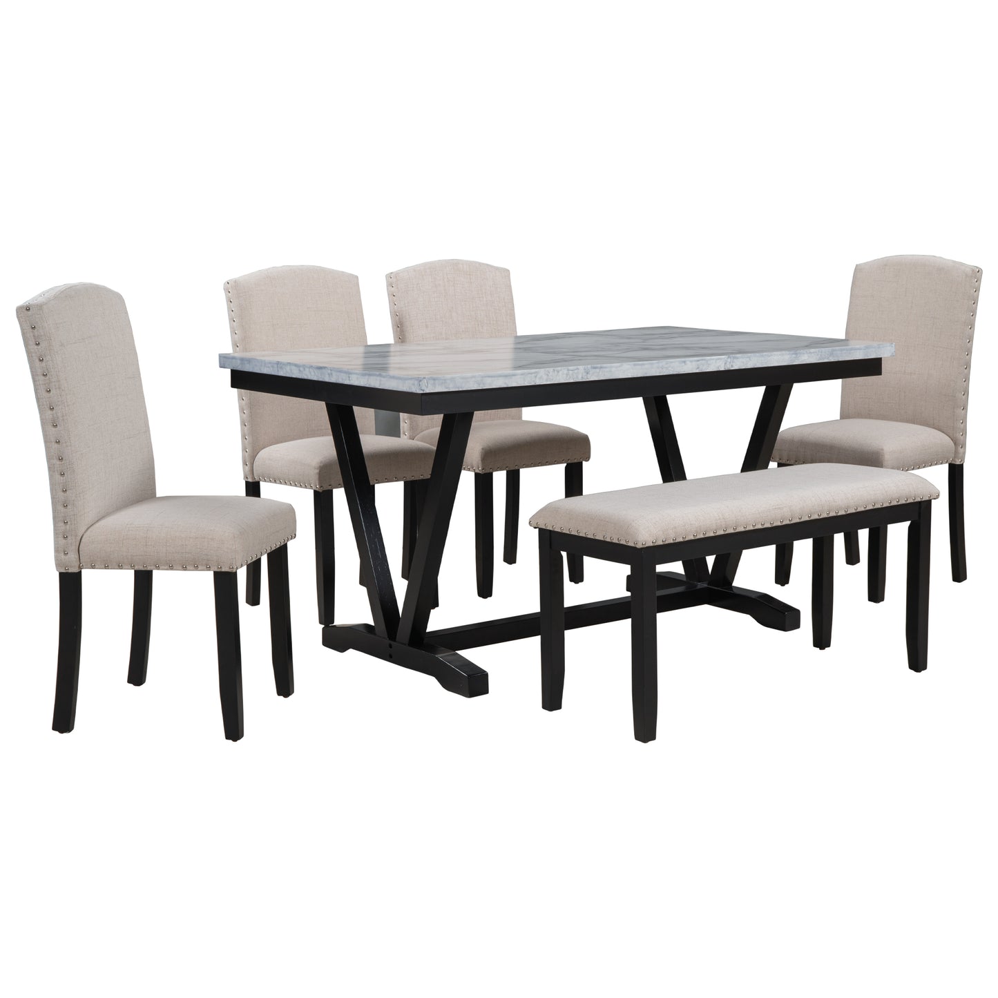 TREXM Modern Style 6-piece Dining Table with 4 Chairs & 1 Bench (White)