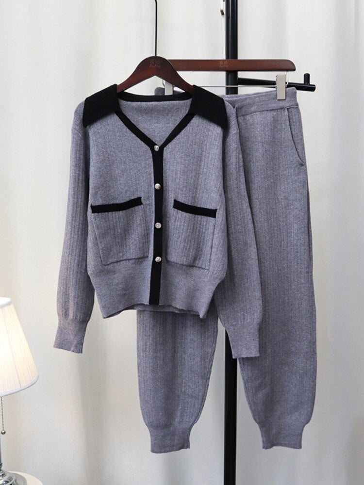 Autumn And Winter New Style Knitting Sports Suit Casual Age Reducing Sweater Cardigan Trousers Two-Piece Set