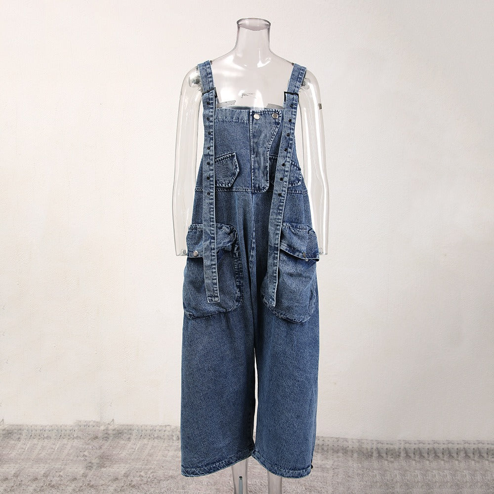 Large three-dimensional pocket silhouette denim shoulder strap pants for women's work clothes jumpsuit