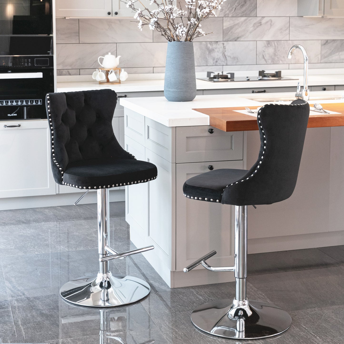 25-33 Inch, Modern Upholstered Chrome base Bar Stools with Back Comfortable Tufted for Home Pub and Kitchen Island（Black,Set of