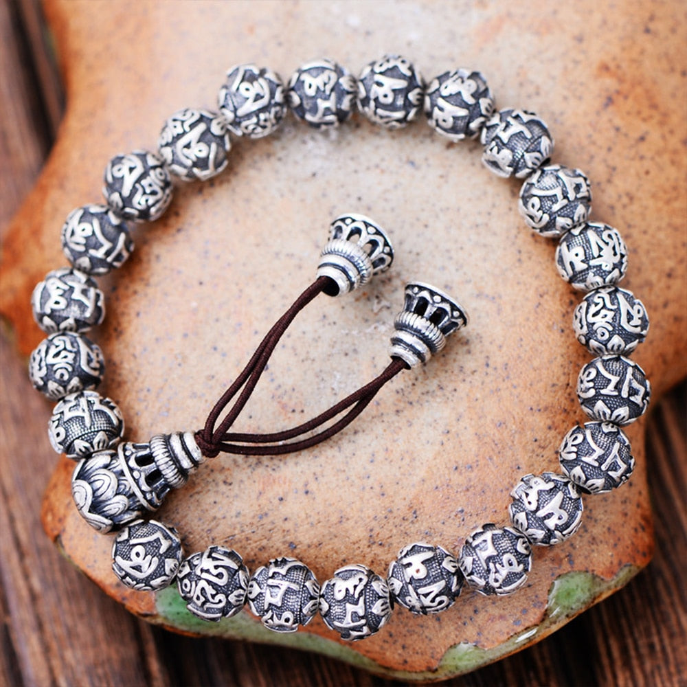 Buddhism Mantra Bracelet Solid 999 Fine Silver Buddha Beads Bracelet for Unisex Vintage Jewelry Stretching 17-22cm