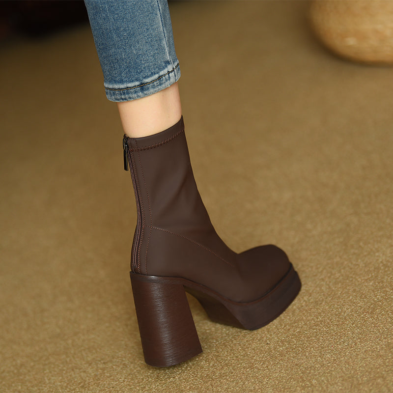 Elastic Slim Boots Thick Heel Short Boots Women's New High Heel Shoes Autumn Winter Thick Sole Square Head Women's Boots