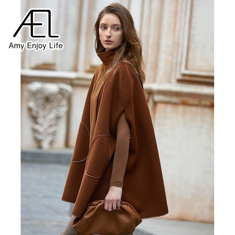 AEL Winter Wool Coat Women's Poncho Jacket Warm Cape Overcoat Long Cloak Outwear Casual Shawl Female