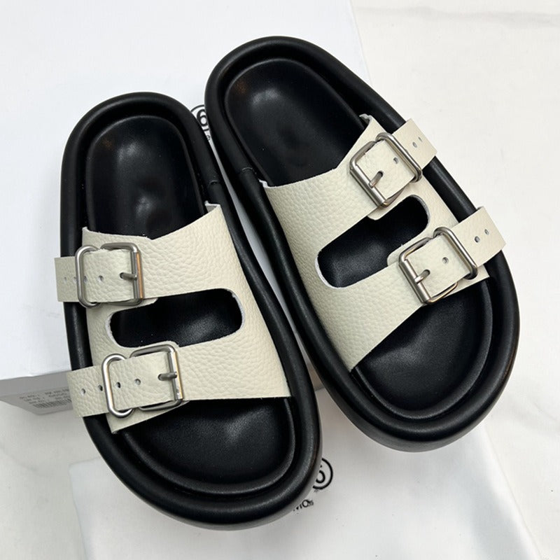 Summer casual soft sole comfortable slippers thick sole solid leather double breasted open toe outdoor versatile flat shoes