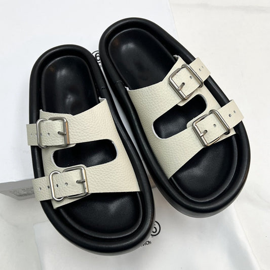 Summer casual soft sole comfortable slippers thick sole solid leather double breasted open toe outdoor versatile flat shoes