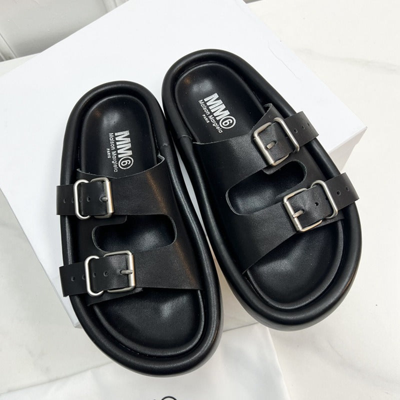 Summer casual soft sole comfortable slippers thick sole solid leather double breasted open toe outdoor versatile flat shoes