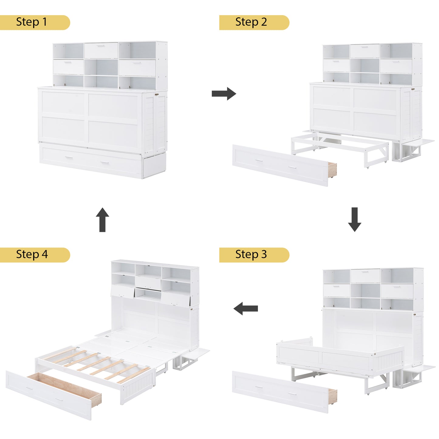 ueen Size Murphy Bed with Bookcase, Bedside Shelves and a Big Drawer, White