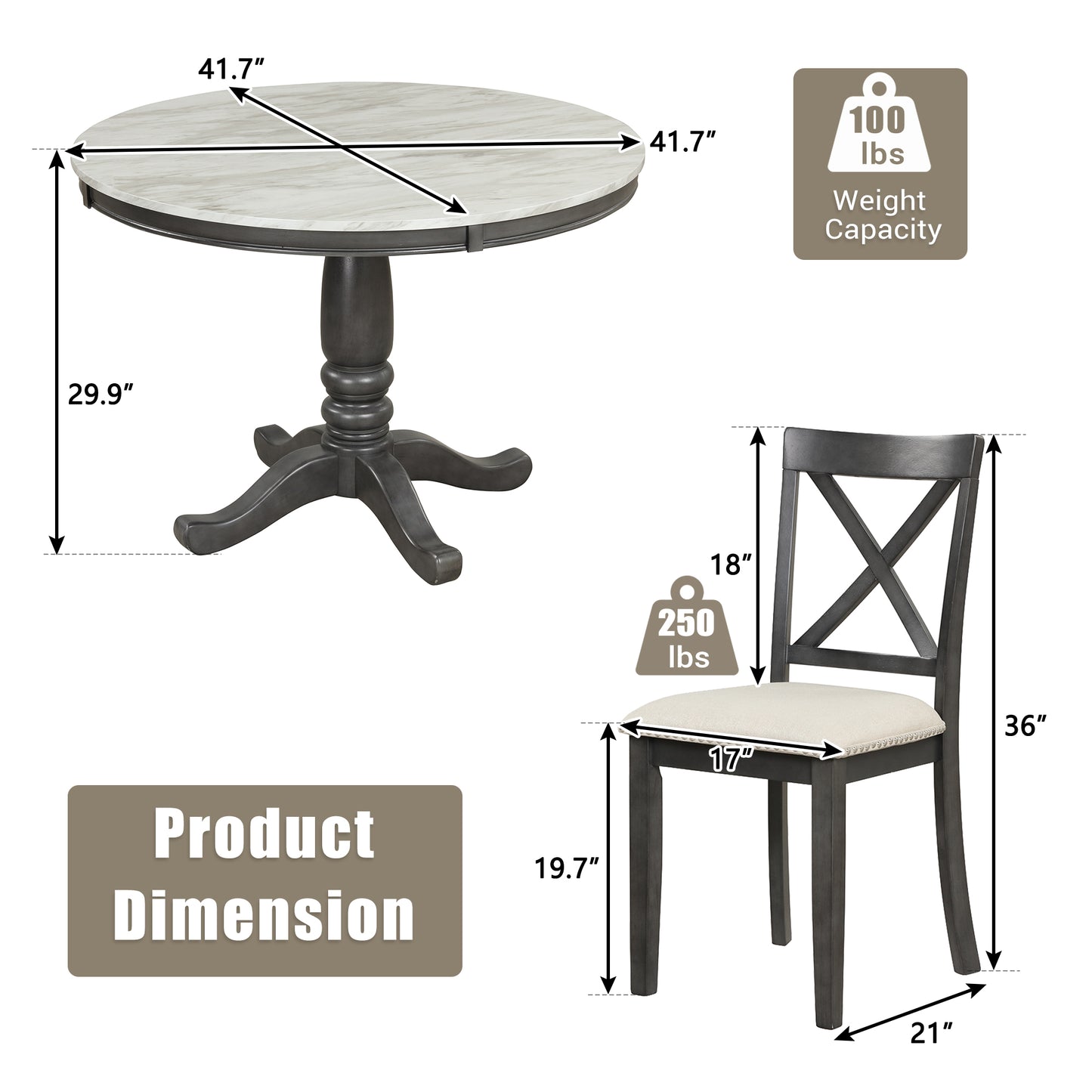 Orisfur 5 Pieces Dining Table and Chairs Set for 4 Persons Kitchen Room Solid Wood Table with 4 Chairs