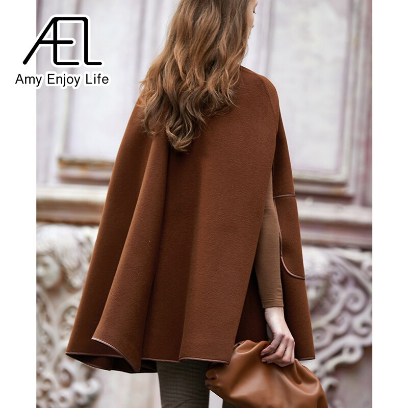 AEL Winter Wool Coat Women's Poncho Jacket Warm Cape Overcoat Long Cloak Outwear Casual Shawl Female