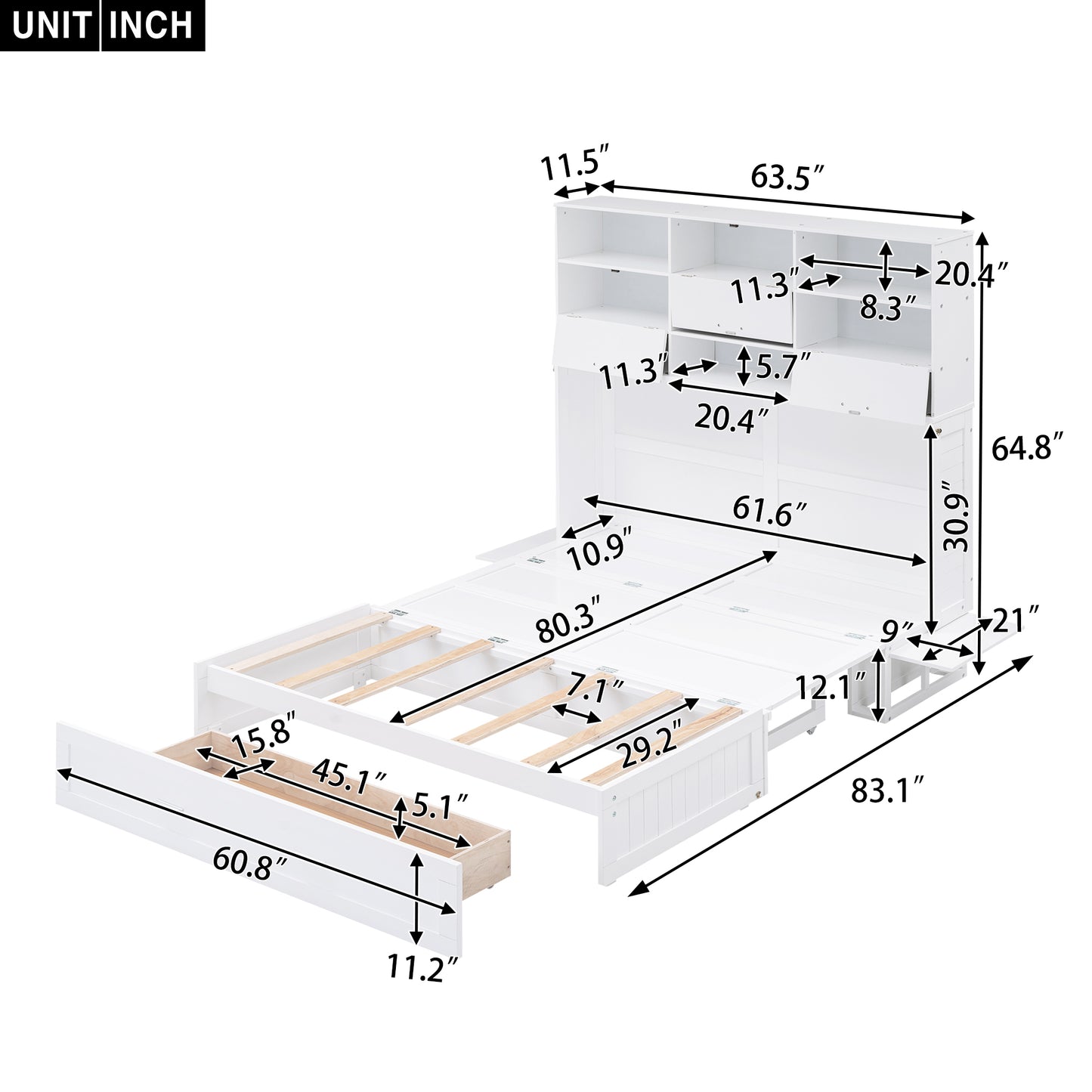 ueen Size Murphy Bed with Bookcase, Bedside Shelves and a Big Drawer, White