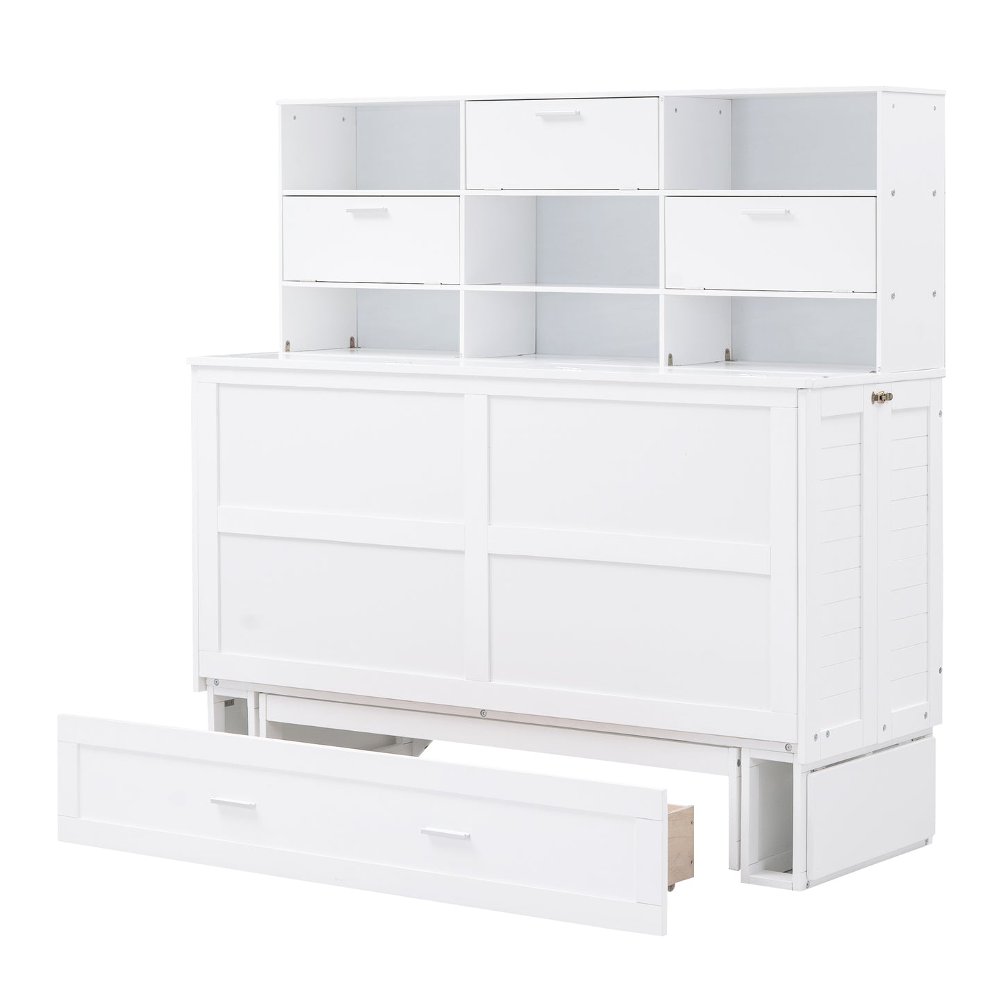 ueen Size Murphy Bed with Bookcase, Bedside Shelves and a Big Drawer, White