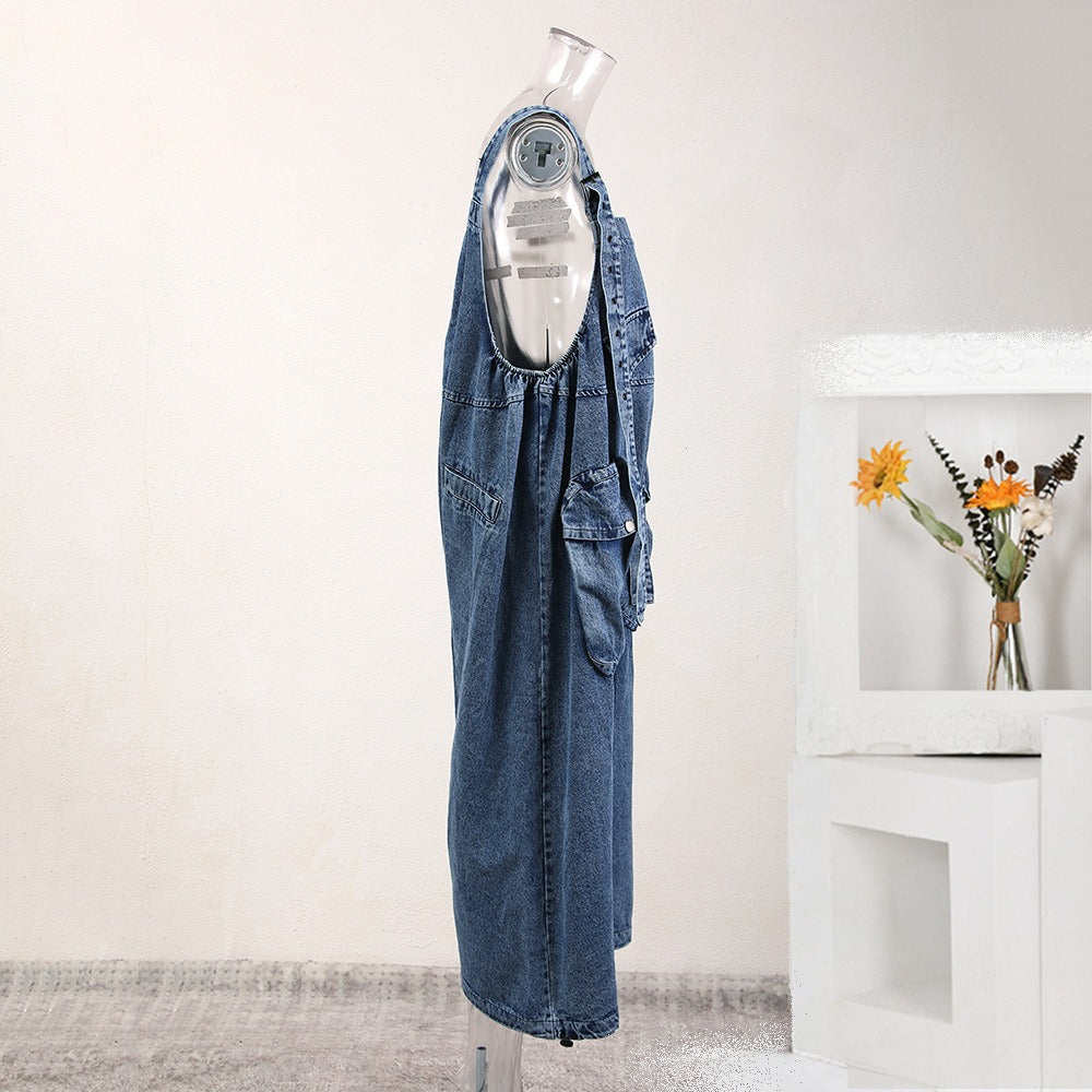 Large three-dimensional pocket silhouette denim shoulder strap pants for women's work clothes jumpsuit