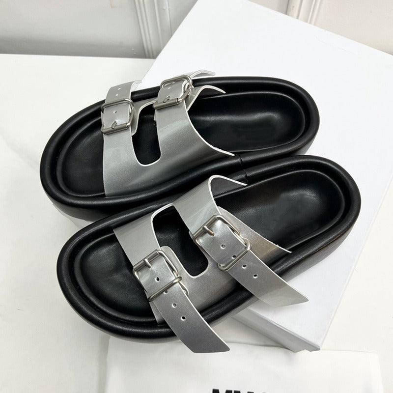 Summer casual soft sole comfortable slippers thick sole solid leather double breasted open toe outdoor versatile flat shoes