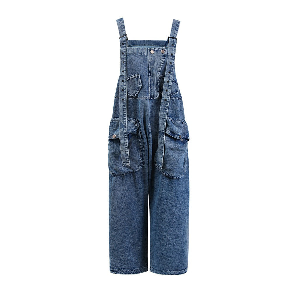 Large three-dimensional pocket silhouette denim shoulder strap pants for women's work clothes jumpsuit