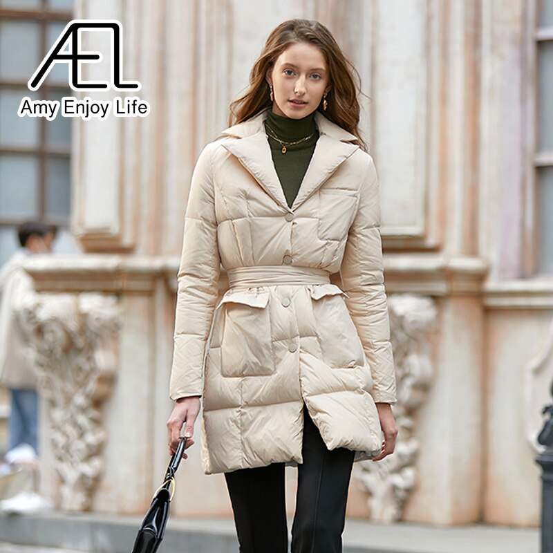 Medium Length Temperament Slim Down Jacket Women's New Suit Collar Waist Cotton Jacket