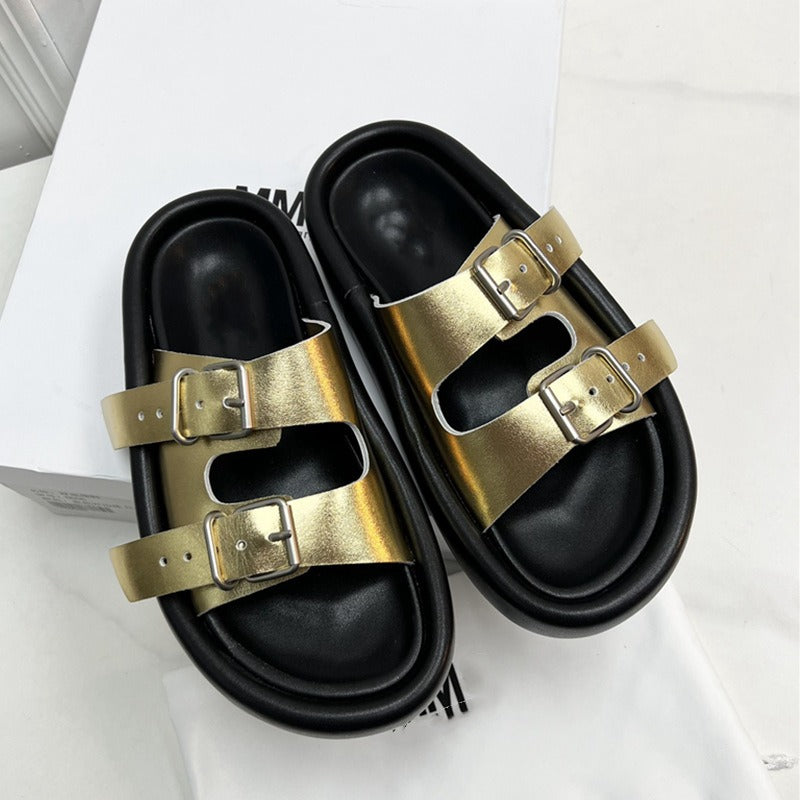 Summer casual soft sole comfortable slippers thick sole solid leather double breasted open toe outdoor versatile flat shoes