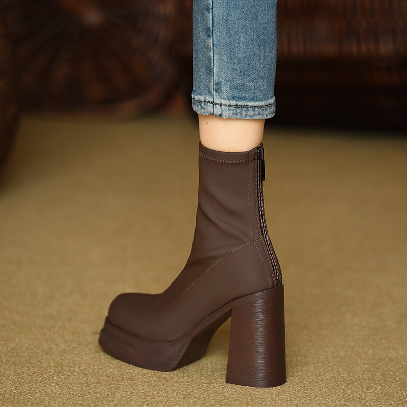 Elastic Slim Boots Thick Heel Short Boots Women's New High Heel Shoes Autumn Winter Thick Sole Square Head Women's Boots