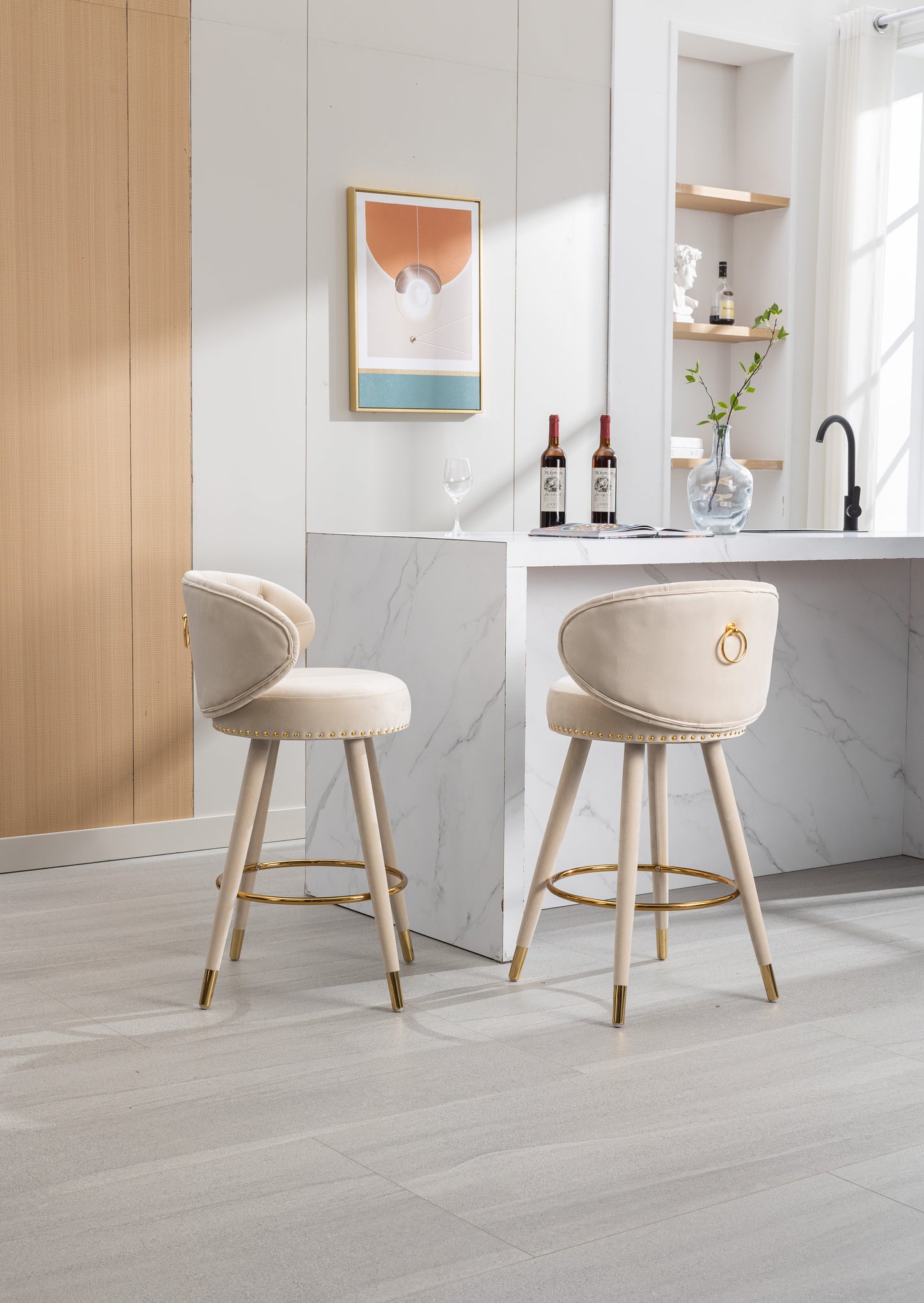 COOLMORE Counter Height Bar Stools Set of 2 for Kitchen Counter Solid Wood Legs with a fixed height of 360 degrees Beige