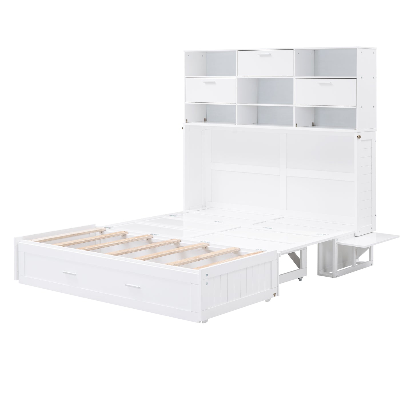 ueen Size Murphy Bed with Bookcase, Bedside Shelves and a Big Drawer, White